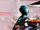 Un extraterrestre en una cocina cocinando vindaloo