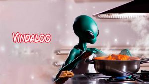 Un extraterrestre en una cocina cocinando vindaloo