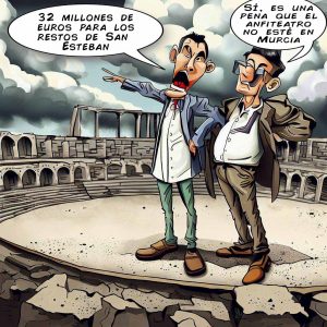 Dos hombres hablan de los 32 millones de euros para los restos de San Esteban en Murcia y lamentan la falta de presupuesto para el anfiteatro romano de Cartagena