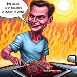 Un hombre cocinando carne en el capó de su coche, Hace mucho calor