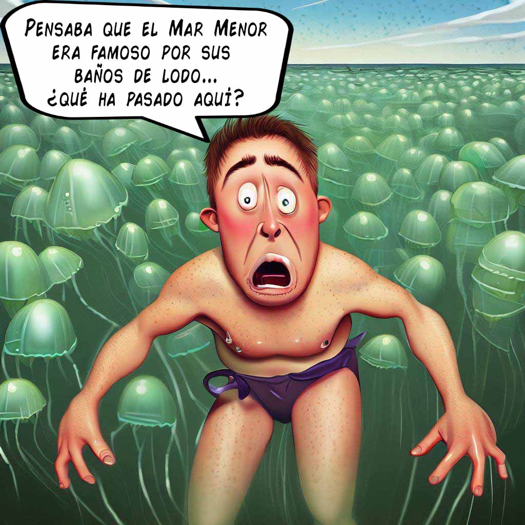 Un hombre se baña en el Mar Menor que está lleno de medusas