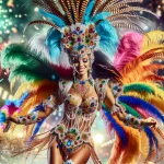 DALL·E 2024-02-08 16.19.52 – A 16_9 aspect ratio image of a woman dressed in an elaborate carnival costume. The costume is colorful and vibrant, featuring feathers, beads, and gli