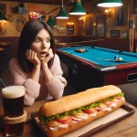 DALL·E 2024-05-20 18.53.54 – In a bar with a pool table, a woman looks at an XXL sandwich in a baguette on the table with a surprised expression. The bar has a casual atmosphere w