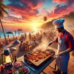 DALL·E 2024-06-30 18.06.43 – A hyper-realistic scene of a grill master cooking a barbecue on the beach, as if taken from a high-budget movie. The setting includes a stunning sunse