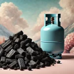DALL·E 2024-06-30 18.08.08 – A scene featuring a large pile of charcoal stacked on one side and a butane gas cylinder on the other side. The background is filled with soft pastel