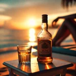 DALL·E 2024-08-16 19.56.04 – A close-up shot of a bottle of rum on a small table at the beach during sunset. The background is softly blurred, showing the warm colors of the setti