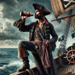 DALL·E 2024-08-16 19.57.25 – A realistic and dramatic scene featuring a fearsome pirate drinking rum on the bow of a pirate ship. The pirate, with rugged and weathered features, i