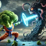 DALL·E 2024-08-29 11.10.56 – A realistic cinematic scene where the broccoli character is launching a Kamehameha against a visual representation of cancer. The broccoli, in its Sup copia