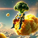 DALL·E 2024-08-29 11.11.24 – A realistic cinematic scene of a broccoli character in Super Saiyan form sitting on a yellow cloud as it flies through the sky. The broccoli has human copia