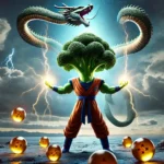 DALL·E 2024-08-29 11.11.29 – A realistic cinematic scene of a broccoli character in Super Saiyan form summoning a dragon with the seven Dragon Balls. The broccoli is standing with copia