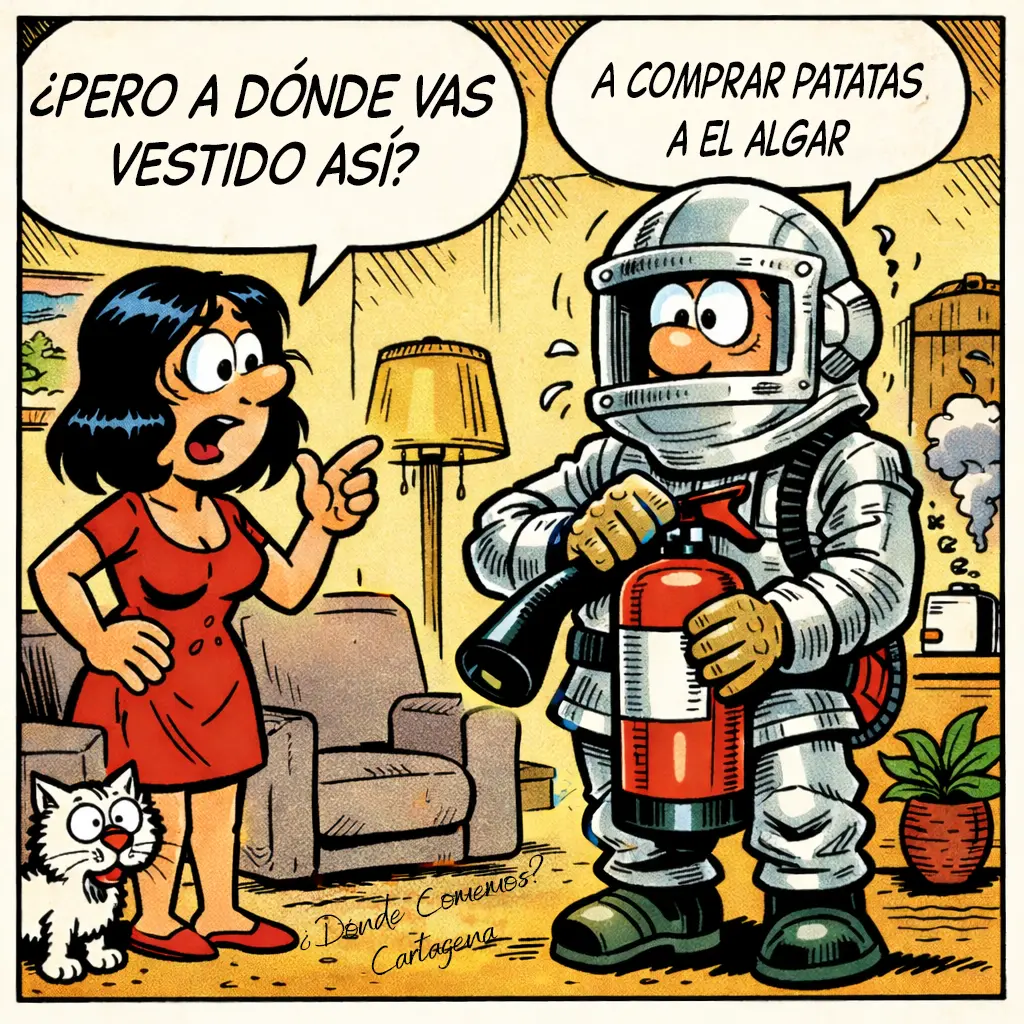 el algar Hombre en traje ignífugo, compra patatas.
