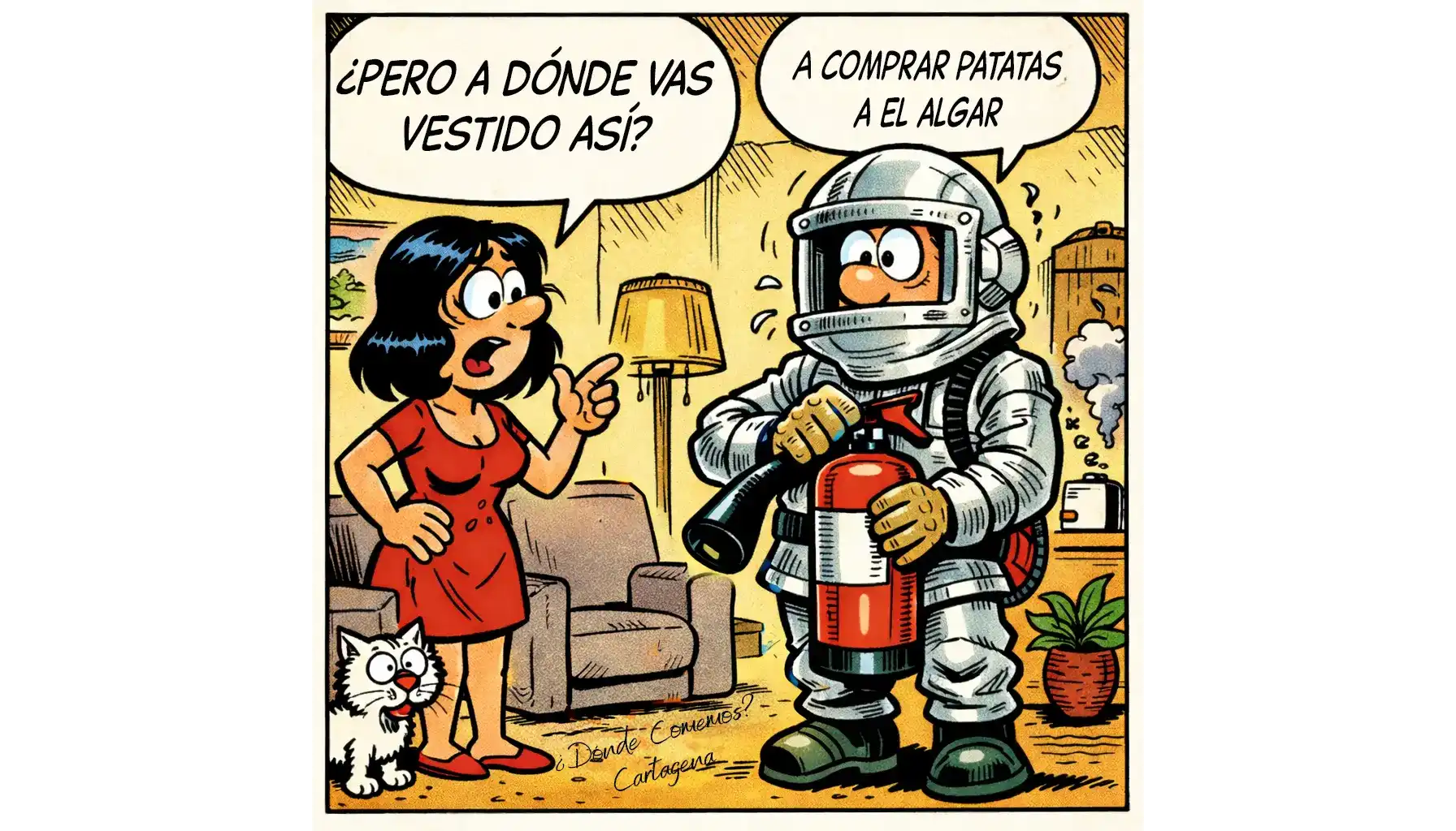 Hombre disfrazado va a comprar patatas