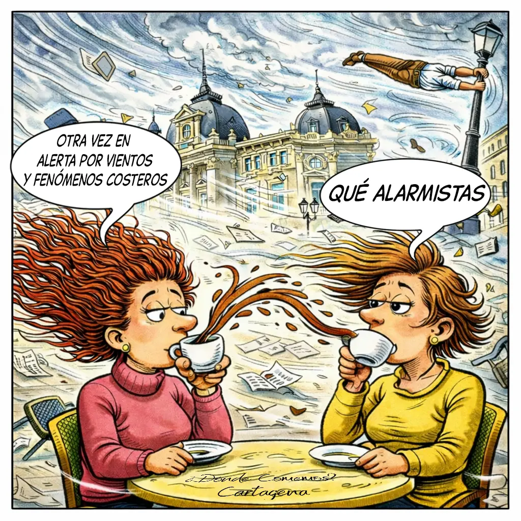 alertaviento Mujeres bebiendo café en tormenta.