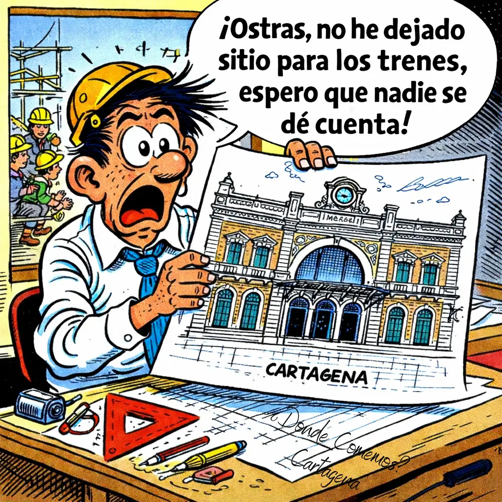 estación sin trenes Ilustración tipo cómic: un hombre con casco de obra, expresión de susto y boca abierta sostiene un plano de la estación de tren de Cartagena. En el bocadillo se lee: “¡Ostras, no he dejado sitio para los trenes, espero que nadie se dé cuenta!”. Sobre la mesa hay reglas, lápices y planos. Al fondo se ven obreros trabajando en una construcción.