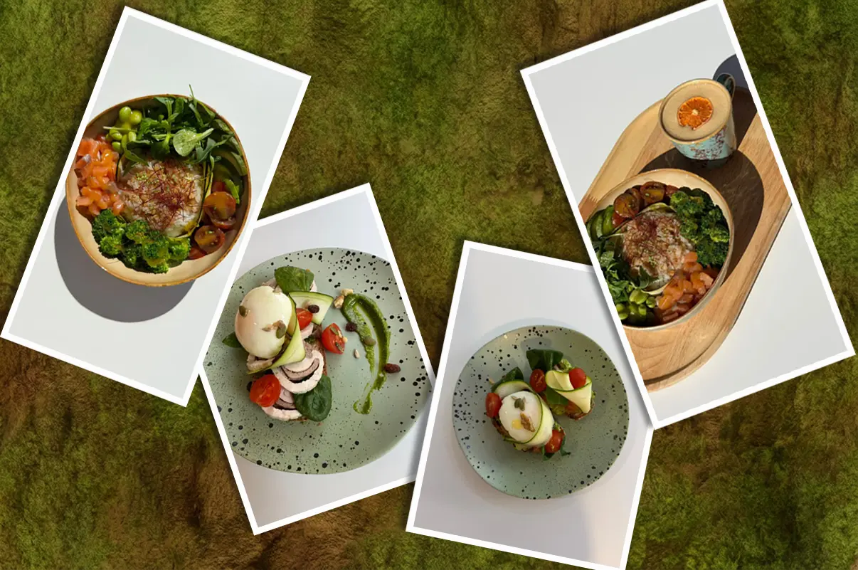 Brunch saludable de Café Verde con poke bowl de salmón, tostadas gourmet con huevo y aguacate y café con sirope de naranja, presentados en composición tipo collage.