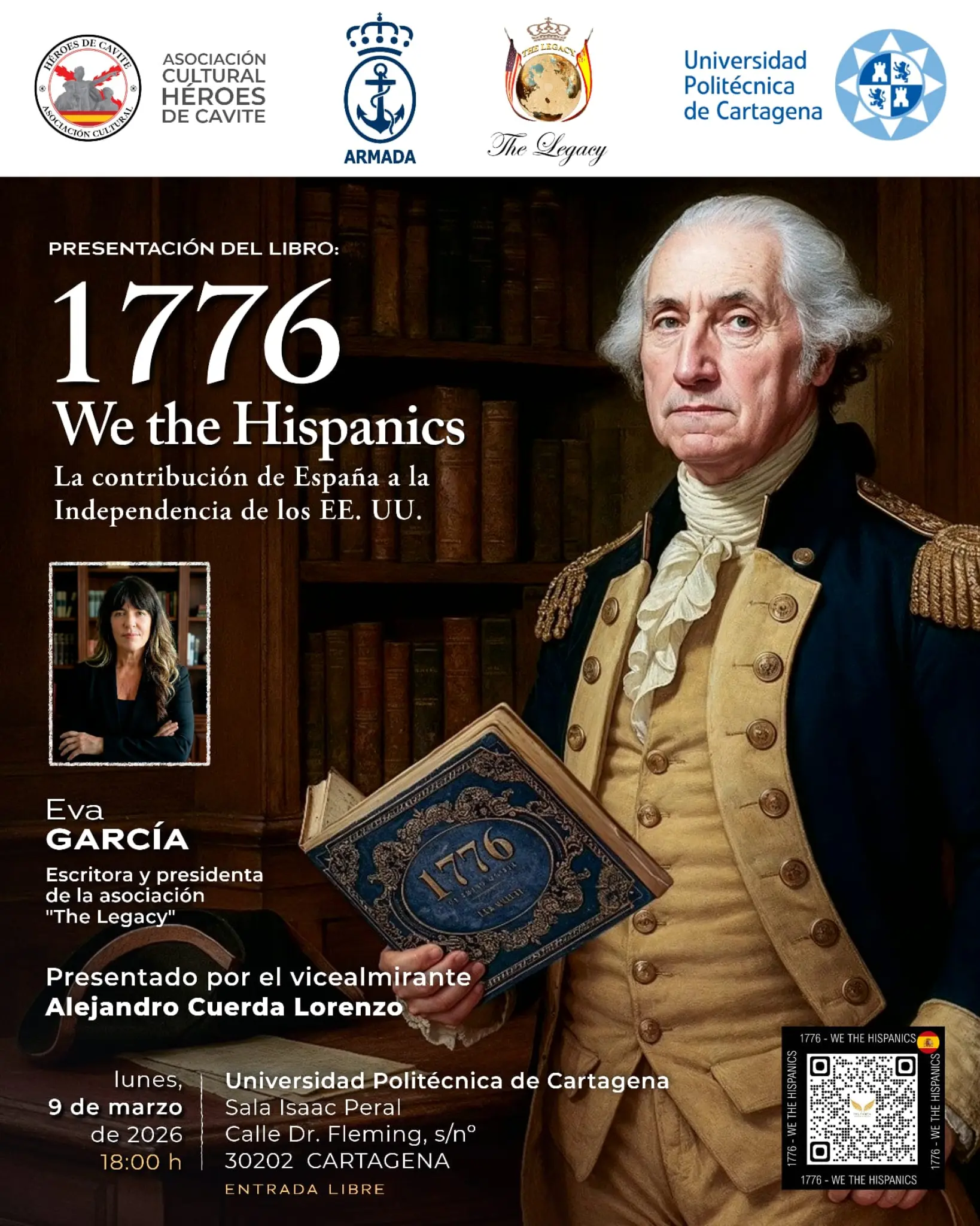 Cartel de la presentación del libro “1776 We the Hispanics” en Cartagena con retrato histórico de George Washington, foto de la autora Eva García y datos del evento.