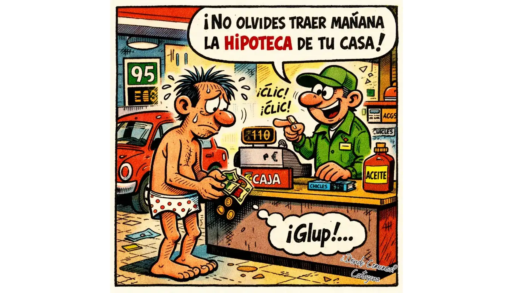 Caricatura de un hombre arruinado por echar gasolina