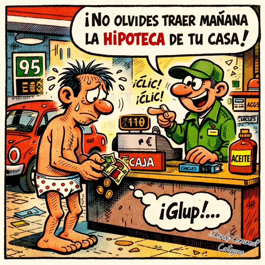gasolina Caricatura de un hombre arruinado por echar gasolina