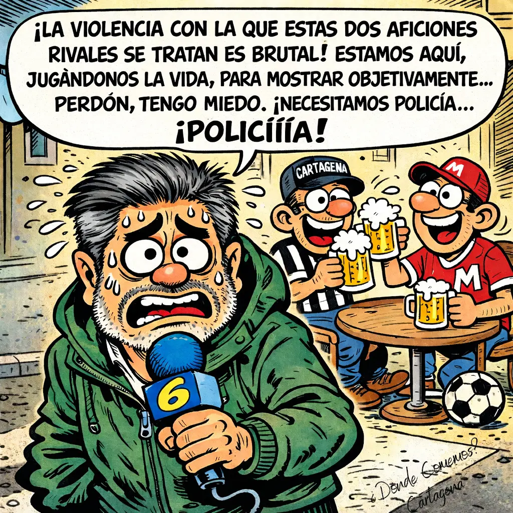 violencia Ilustración tipo cómic al estilo Mortadelo y Filemón: un reportero con gesto de miedo y sudando sostiene un micrófono con el número 6 mientras, al fondo, dos aficionados —uno del FC Cartagena y otro del Real Murcia— brindan con cerveza en una terraza; en el bocadillo se lee que la violencia entre ambas aficiones es brutal y termina pidiendo policía a gritos.