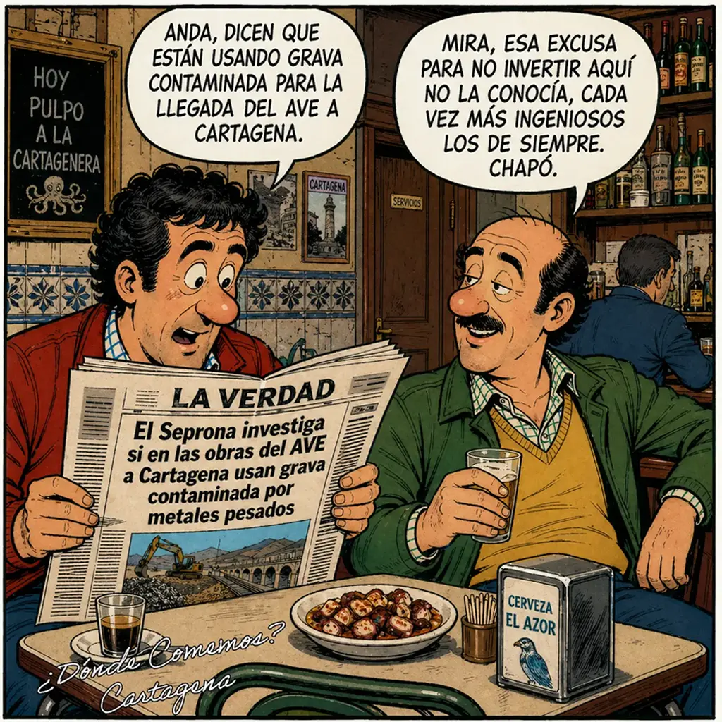 Ilustración tipo cómic ambientada en un bar de Cartagena: dos hombres conversan en una mesa mientras uno lee un periódico con el titular sobre la investigación de grava contaminada en las obras del AVE. En los bocadillos, comentan la noticia con tono irónico. Sobre la mesa hay tapas de pulpo, bebidas y un servilletero, y al fondo se ve la barra del local.
