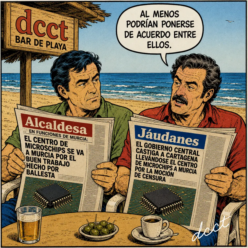 chips Viñeta humorística ambientada en una playa de Cartagena donde dos hombres leen periódicos con titulares contradictorios sobre el traslado del centro de microchips a Murcia. Sentados en la terraza del bar de playa DCCT, uno comenta: «Al menos podrían ponerse de acuerdo entre ellos». En las portadas aparecen referencias a la alcaldesa en funciones de Murcia y a Jáudenes, junto a imágenes de un microchip