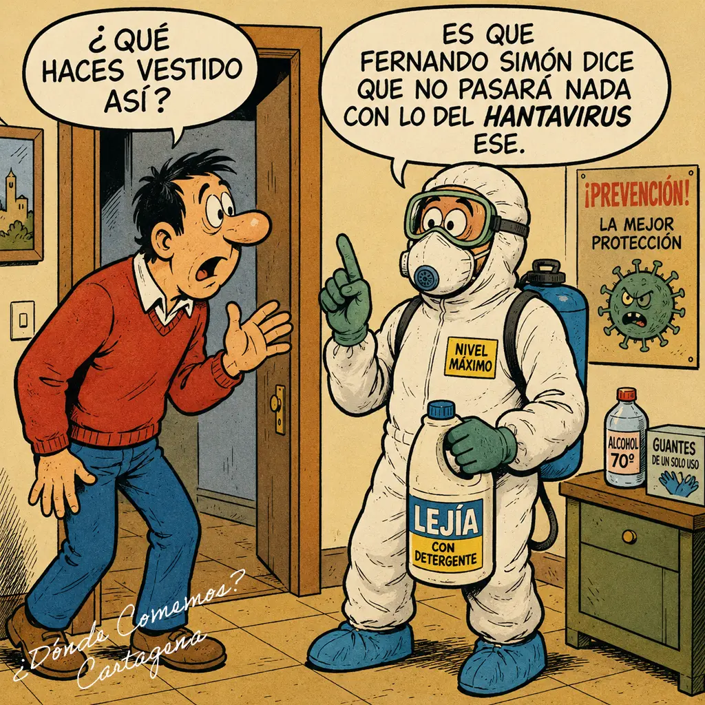 hantavirus un hombre sorprendido pregunta a otro vestido con un traje de protección biológica completo, mascarilla y botella de lejía en la mano, haciendo referencia al hantavirus.