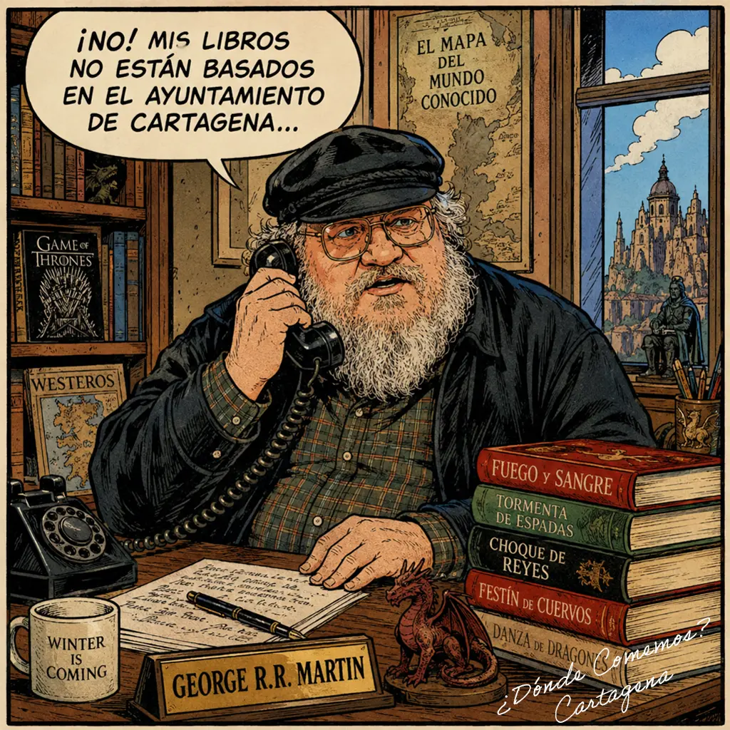 juego de tronos ustración estilo cómic de George R. R. Martin hablando por teléfono en su despacho, rodeado de libros de Juego de Tronos, mientras dice: “¡No! Mis libros no están basados en el Ayuntamiento de Cartagena…”.