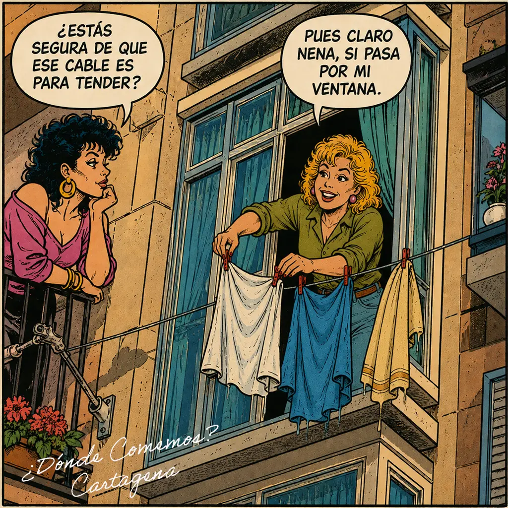 plansombra Una mujer está tendiendo en los cables de acero del plan sombra de Cartagena. El cable pasa a pocos centímetros de su ventana