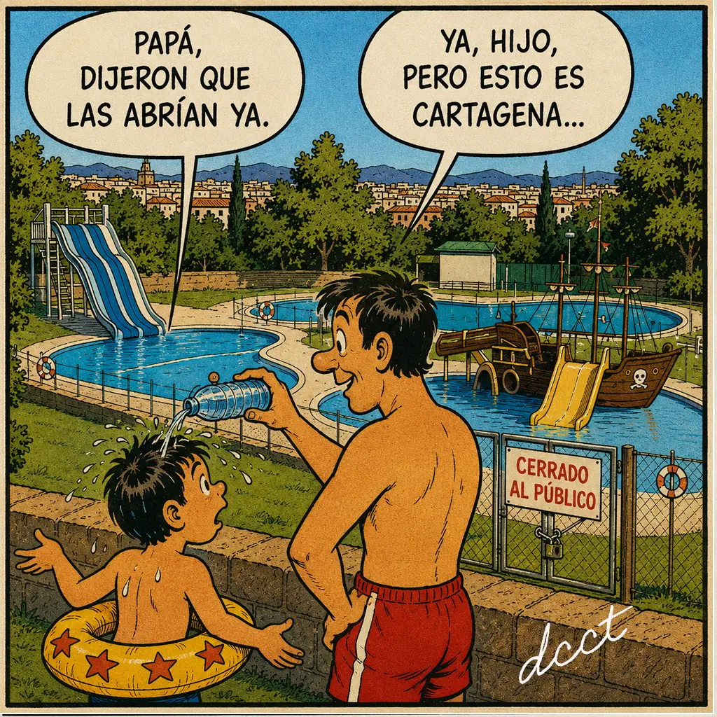 la piscina prometida Caricatura al estilo de los tebeos españoles clásicos donde un padre refresca con una botella de agua a su hijo, que lleva un flotador, frente a unas piscinas cerradas al público en Cartagena. El niño pregunta “Papá, dijeron que las abrían ya” y el padre responde “Ya, hijo, pero esto es Cartagena...”. Al fondo se observan toboganes acuáticos, una zona de juegos pirata y un cartel de “Cerrado al público”