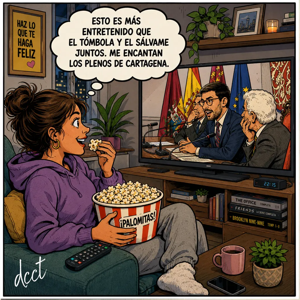 plenos Ilustración estilo cómic de una mujer sentada en un sillón mientras come palomitas y observa en la televisión un pleno del Ayuntamiento de Cartagena. En un bocadillo de pensamiento dice: «Esto es más entretenido que el Tómbola y el Sálvame juntos. Me encantan los plenos de Cartagena». Ambiente doméstico con decoración moderna y pantalla mostrando una sesión plenaria.